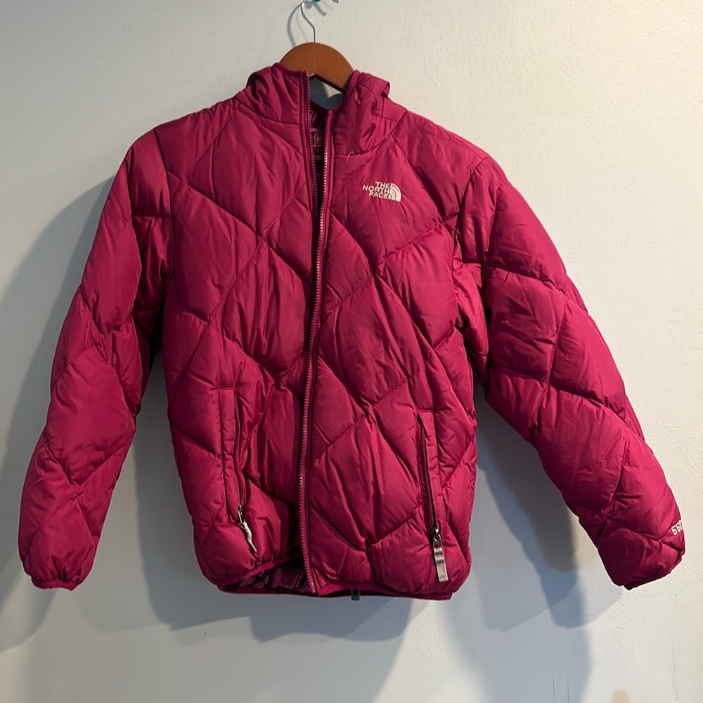 THE NORTH FACE REVERSABLE 550 JACKET, COLOR: PINK, WITH PLAID DESIGN